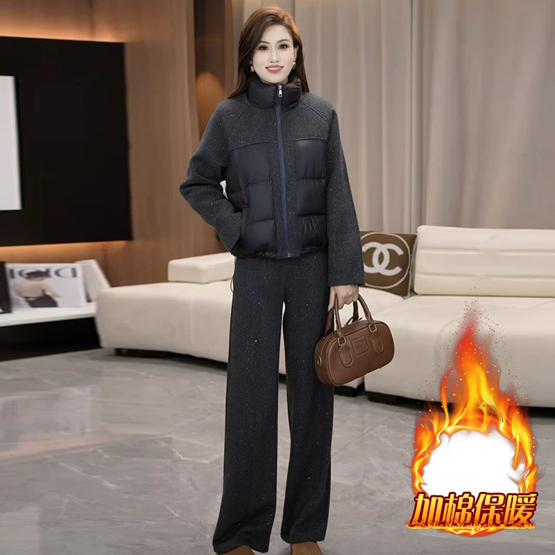 高级感时尚减龄套装女2025冬季新款加厚保暖棉服外套直筒裤两件套