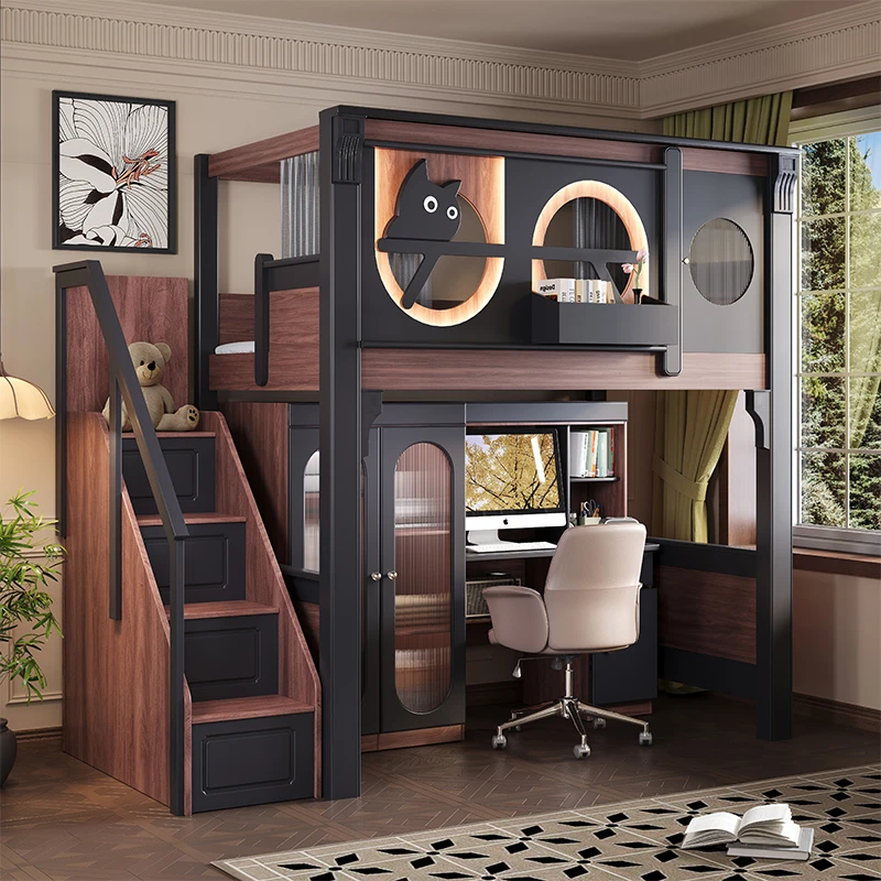 中古风儿童床上床下桌组合床上床下空高架床实木上床下衣柜组合床