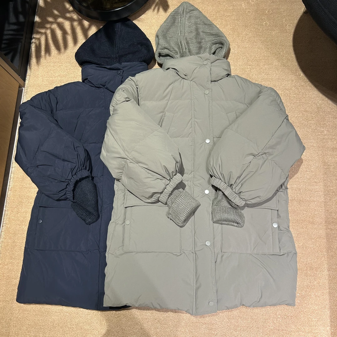 Julia姐姐】90白鸭绒充绒量254g针织帽袖腰部抽绳中长款羽绒服