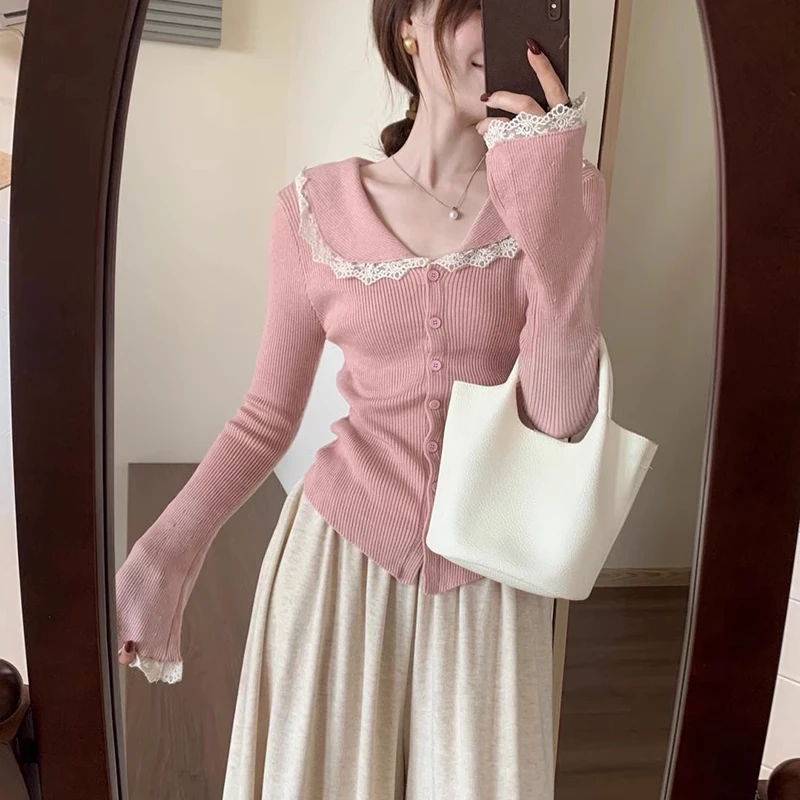 气质高级感花边领淑女开衫2025冬季新款韩版百搭显瘦学生毛衣开衫