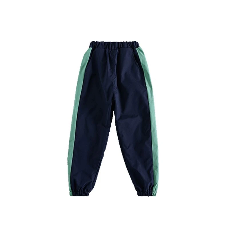 B080中小学生男女藏蓝拼深墨绿宽条纹校裤松紧腰冲锋衣裤子
