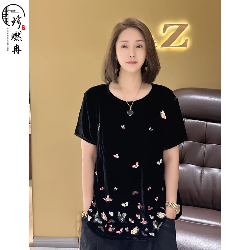 【珍珍优选】【经典丝绒】夏季黑色宽松显瘦新中式国风上衣S-12242