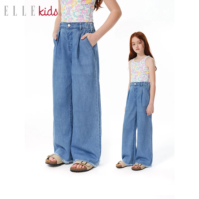 ELLE KIDS童装莱赛尔软牛仔毛边百搭休闲女童宽松九分裤A1