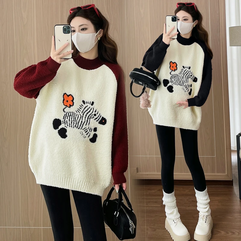 【优质款】孕妇装斑马提花套头毛衣秋冬季显瘦休闲百搭外穿针织上衣