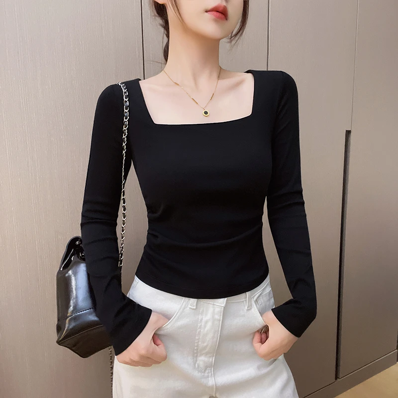 黑色方领长袖T恤女2025内搭秋季新款褶皱收腰修身洋气打底衫上衣