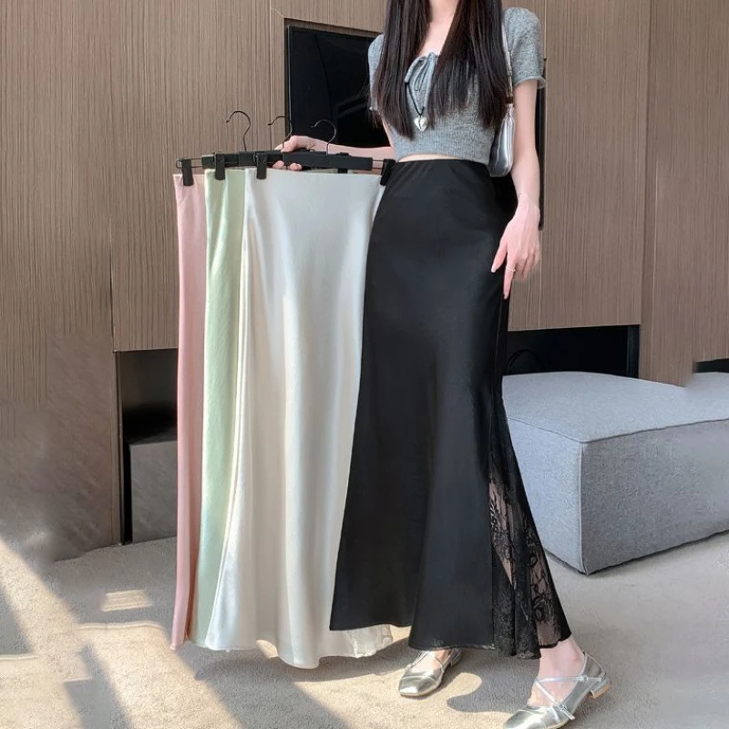 蕾丝拼接醋酸缎面新中式半身裙春夏国风温柔气质显瘦裙子