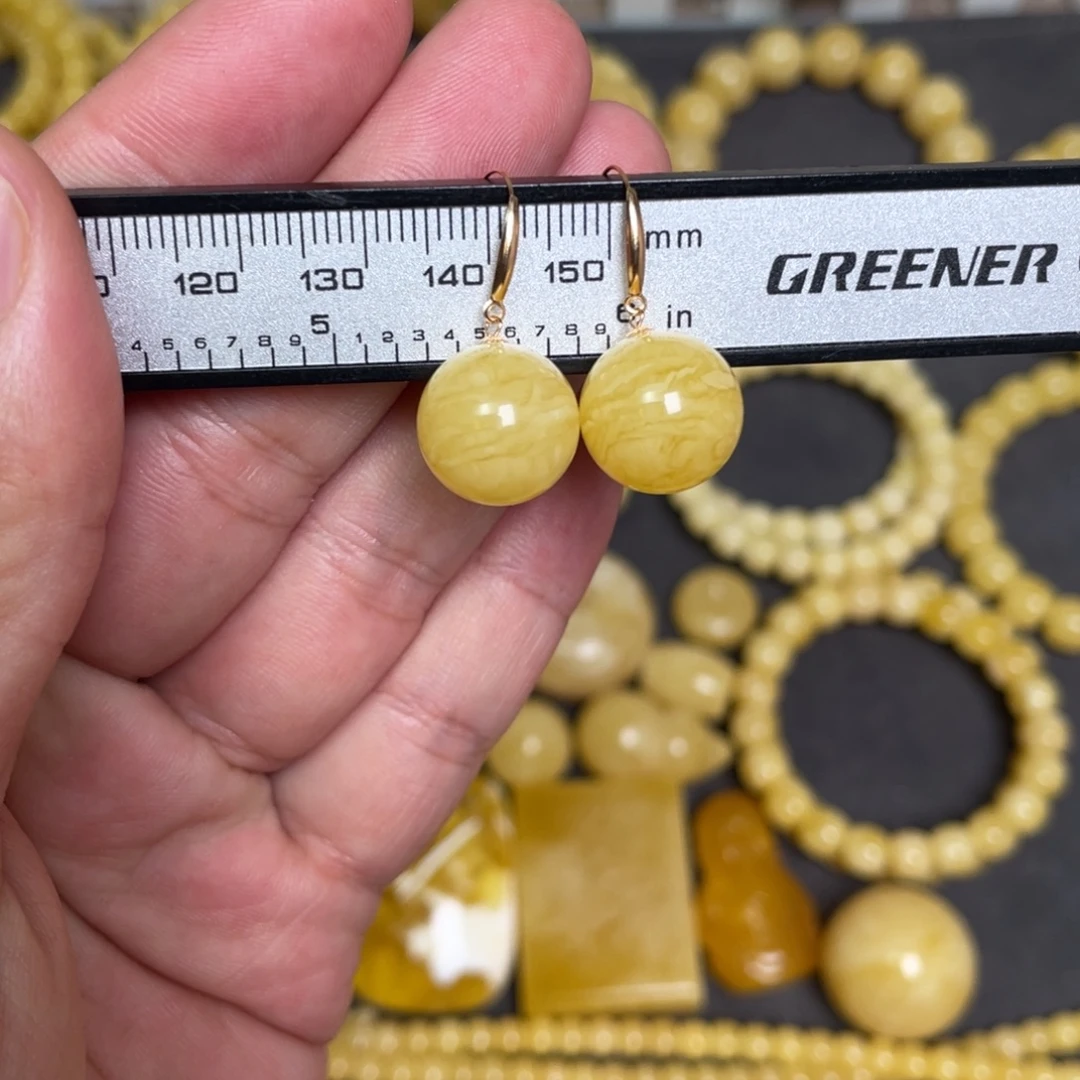 蜜蜡18K金镶嵌裸石蜜蜡耳钩13mm