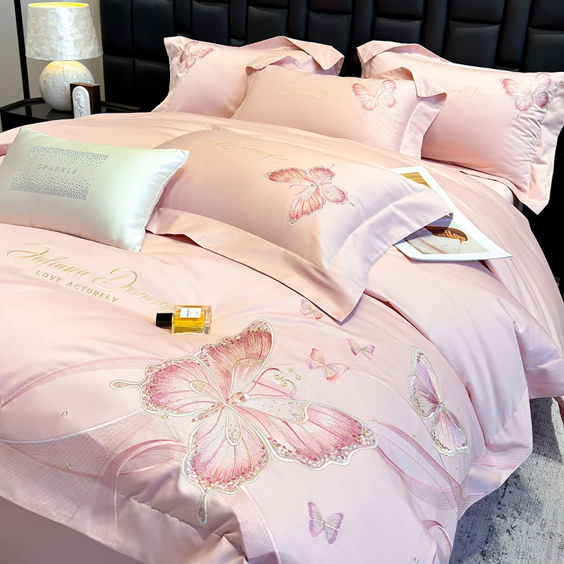 轻奢A类母婴级100s纯棉四件套蝴蝶刺绣被套纯棉床笠床单床上用品4