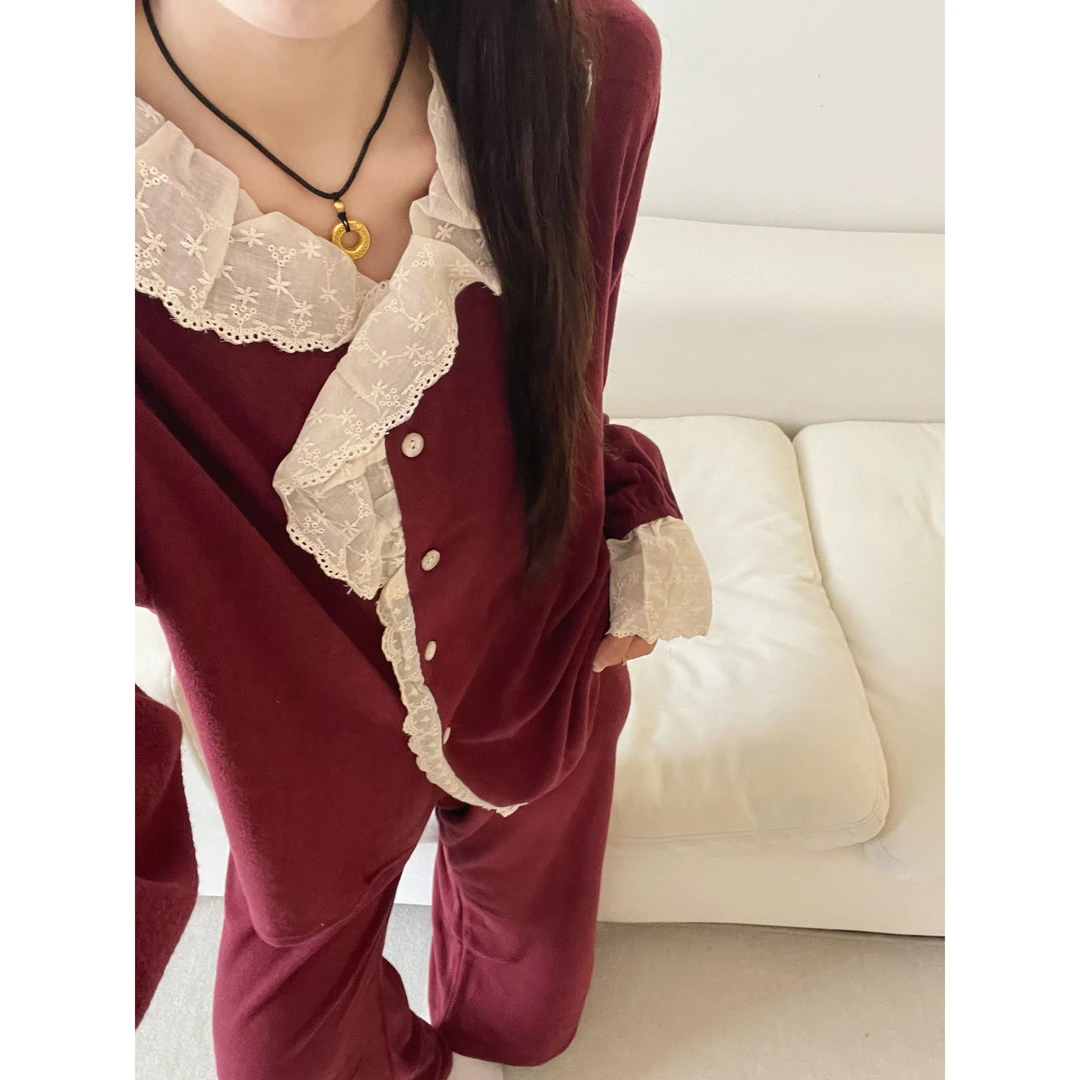 春秋季新款甜美纯色德绒加绒加厚保暖睡衣女简约花边家居服套装