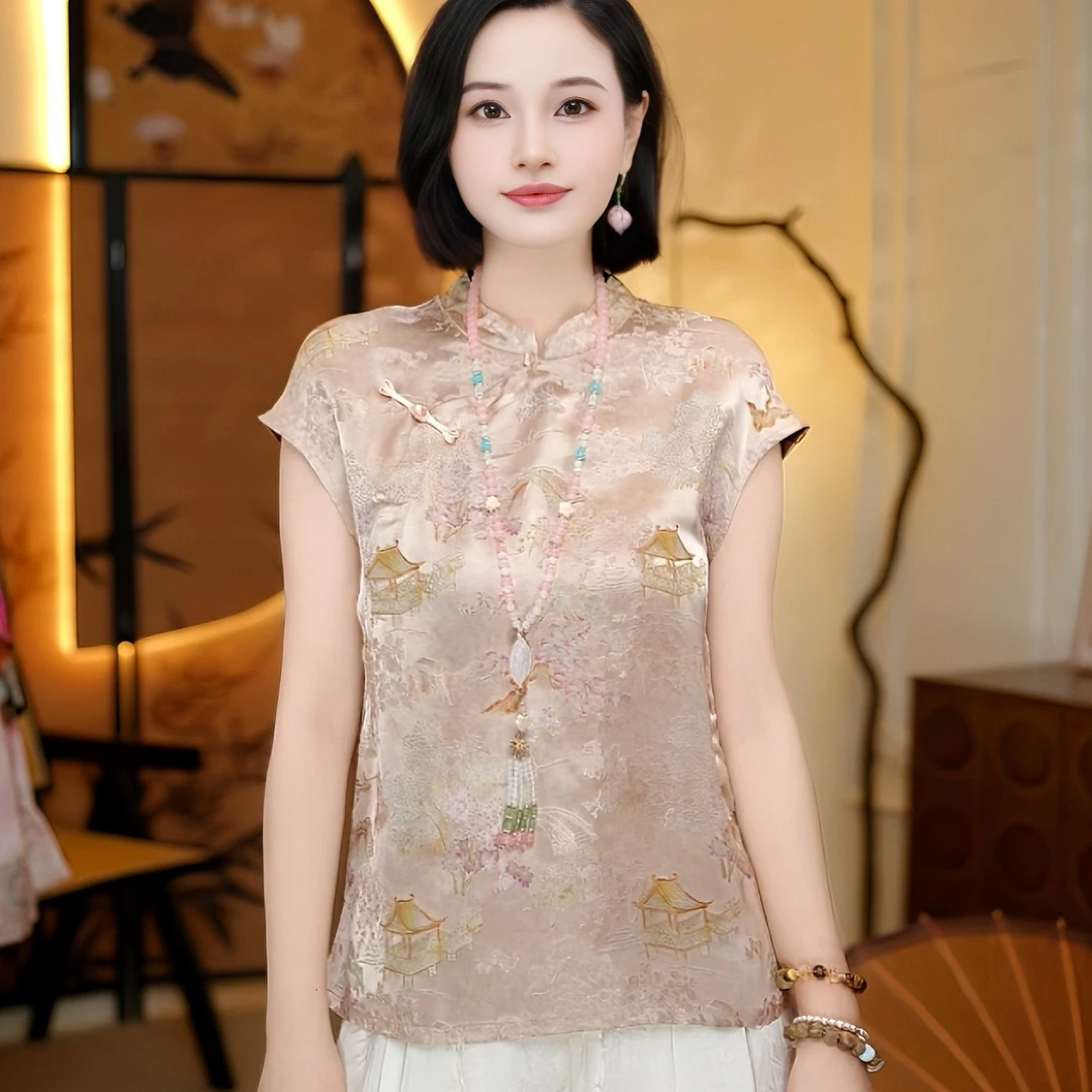 【粉亭】新款夏季斜襟提花短袖上衣