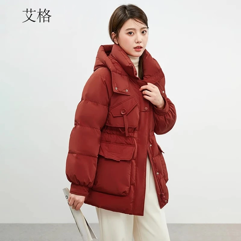 艾格中长款羽绒服女2024年冬季新款韩版休闲宽松显瘦连帽保暖外套