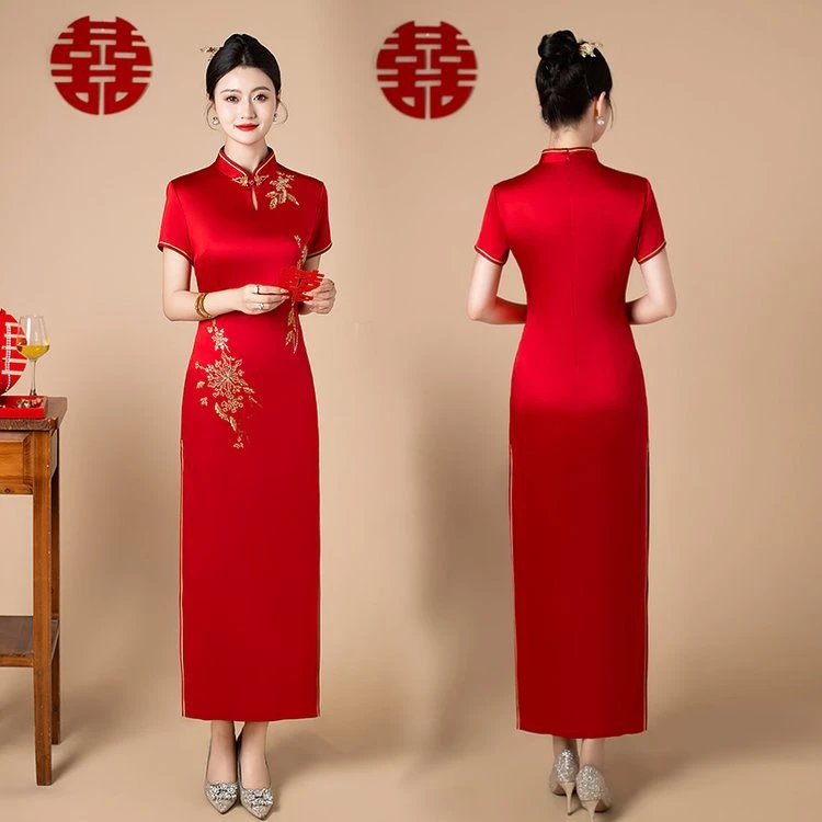 红色高端旗袍新款婚宴醋酸绣花敬酒礼服妈妈装长款年轻女装旗袍裙