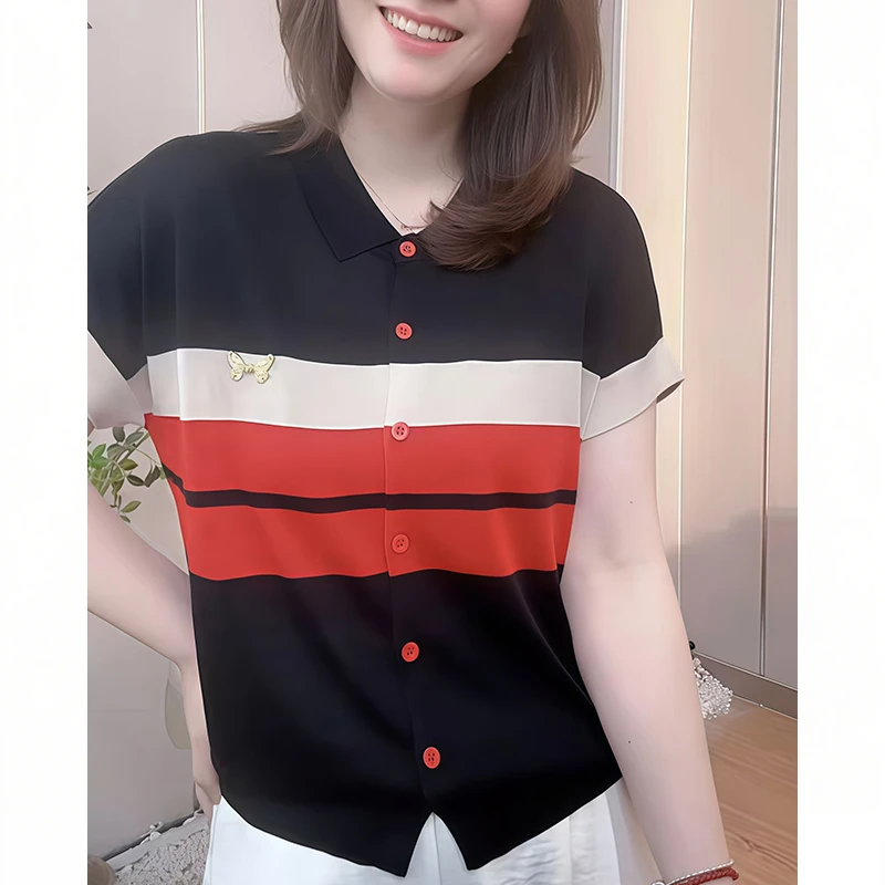 韩系撞色条纹翻领蝴蝶短袖T恤针织衫女夏季新款洋气减龄时尚上衣
