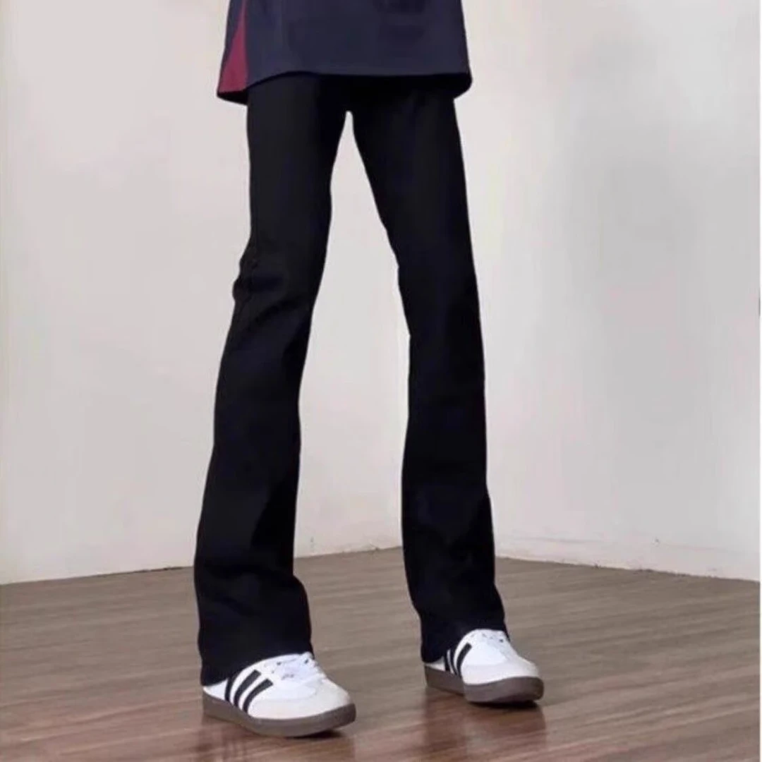 水泥烟灰色微喇牛仔裤男款春秋美式高街cleanfit裤子窄版弯刀长裤