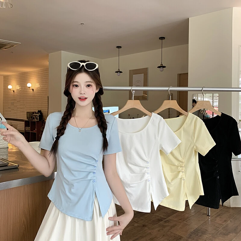 2025夏装新款胖mm大码女甜辣妹v领不规则收腰轻薄短袖体恤