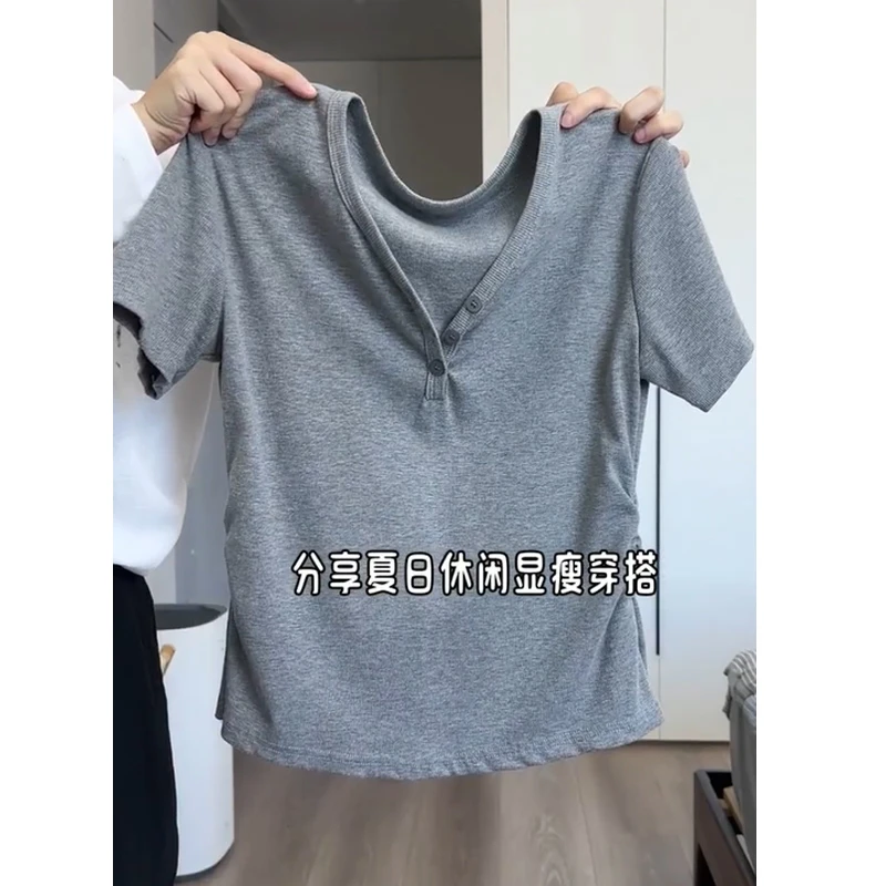 大码胖mm200斤简约显瘦正肩V领遮肉短袖t恤女夏季百搭气质ins上衣