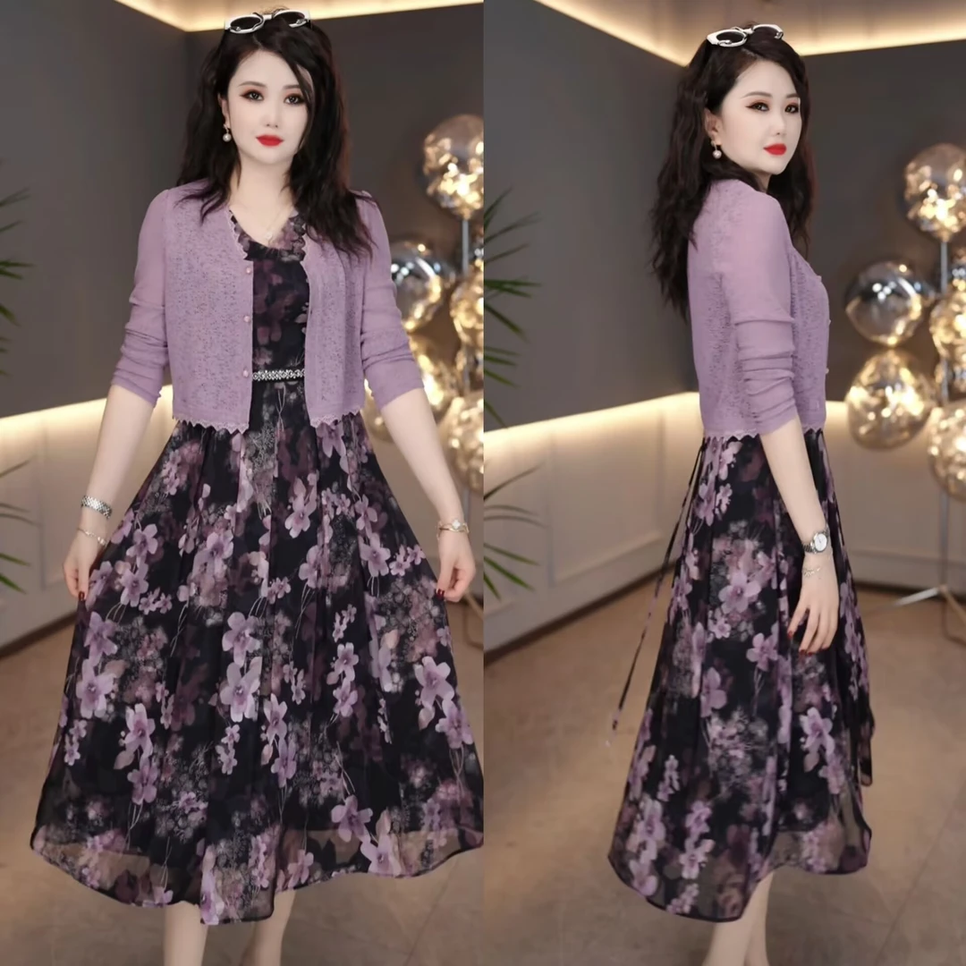 外披+背心裙2025春季薰衣草紫色温柔风穿搭女人味印花连衣裙M-4XL
