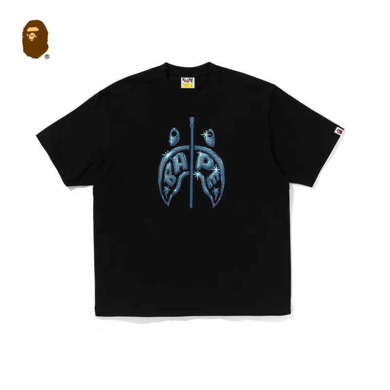 BAPE男装25春夏仿钻饰图案鲨鱼字母拉链印花短袖T恤110331O
