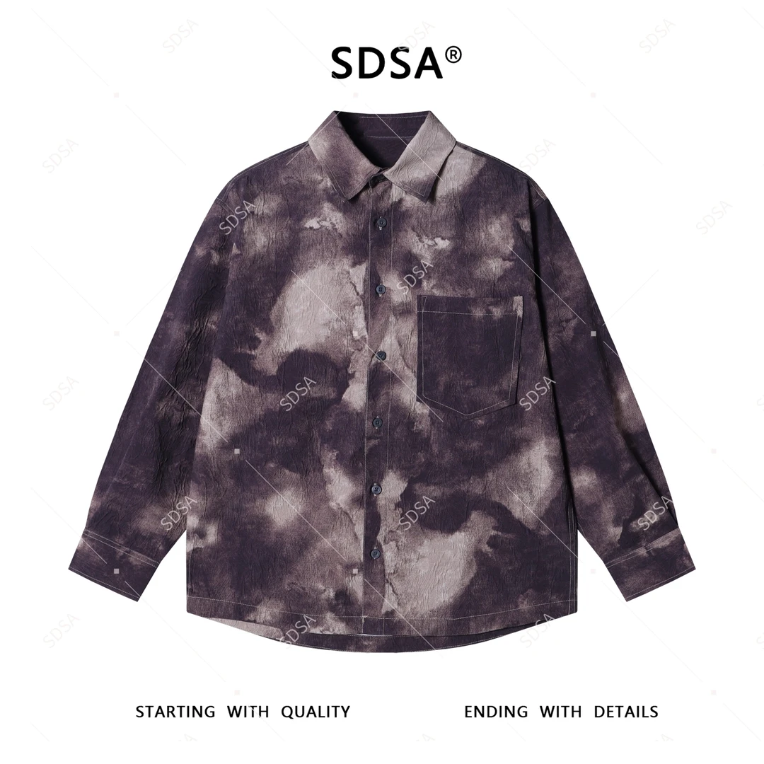 SDSA男士2025新款轻奢痞帅男装扎染撞色肌理感纽扣衬衫百搭衬衣
