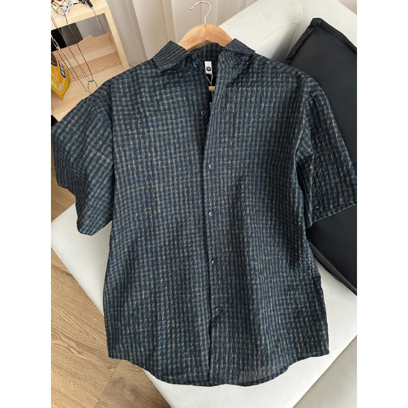 肌理感泡泡纱短袖衬衫男夏季墨蓝色格纹衬衣短袖叠穿半袖情侣外套