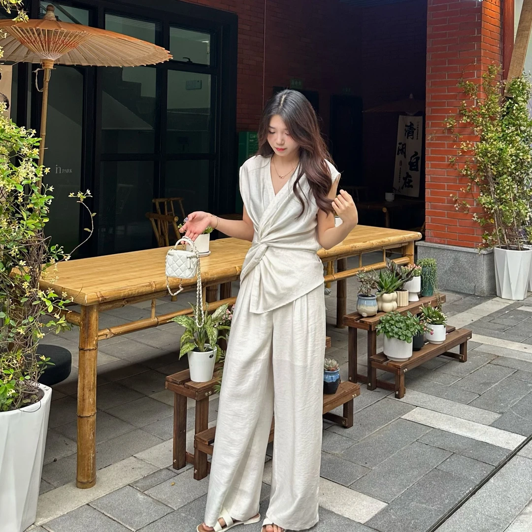 【XIXI自制】老钱风高级感不对称扭结上衣女装/高腰双轴阔腿套装