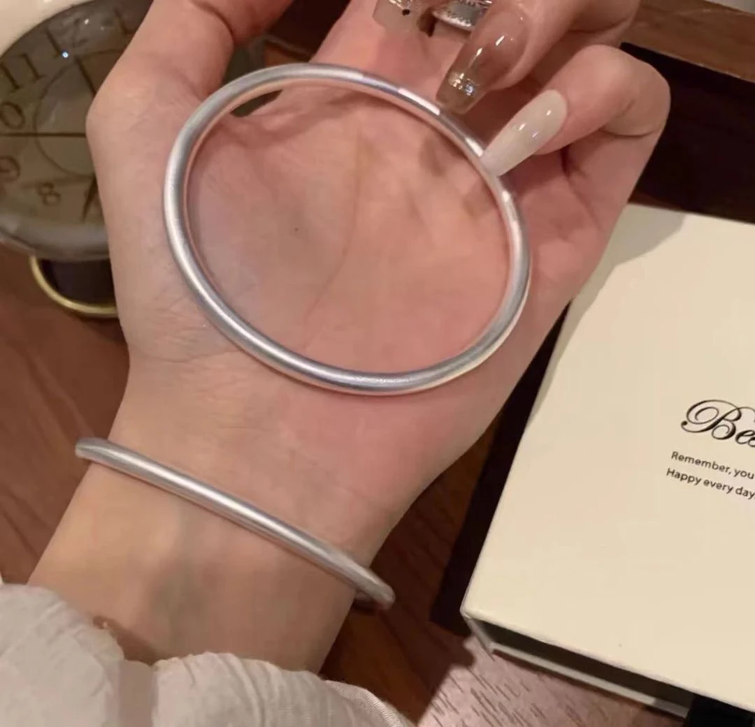 足银手镯 B16磨砂亮面闭口素圈实心时尚简约极简银手镯足银