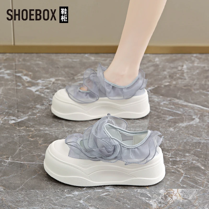 SHOEBOX鞋柜女2025夏新款厚底休闲板鞋百搭魔术贴网纱玛丽珍鞋