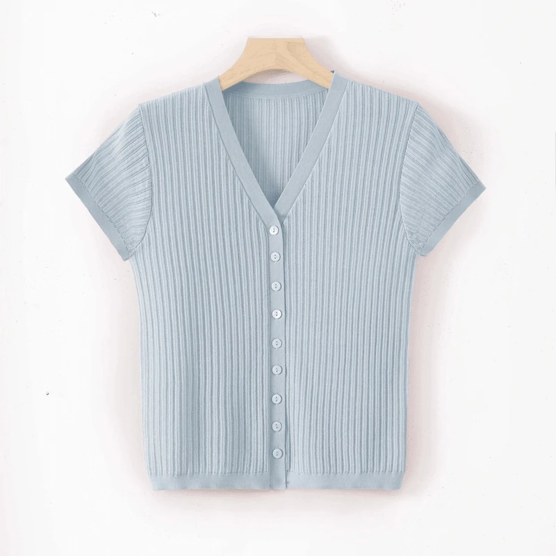 短袖开衫女薄款夏季V领新款针织纯色气质休闲上衣清爽透气百搭