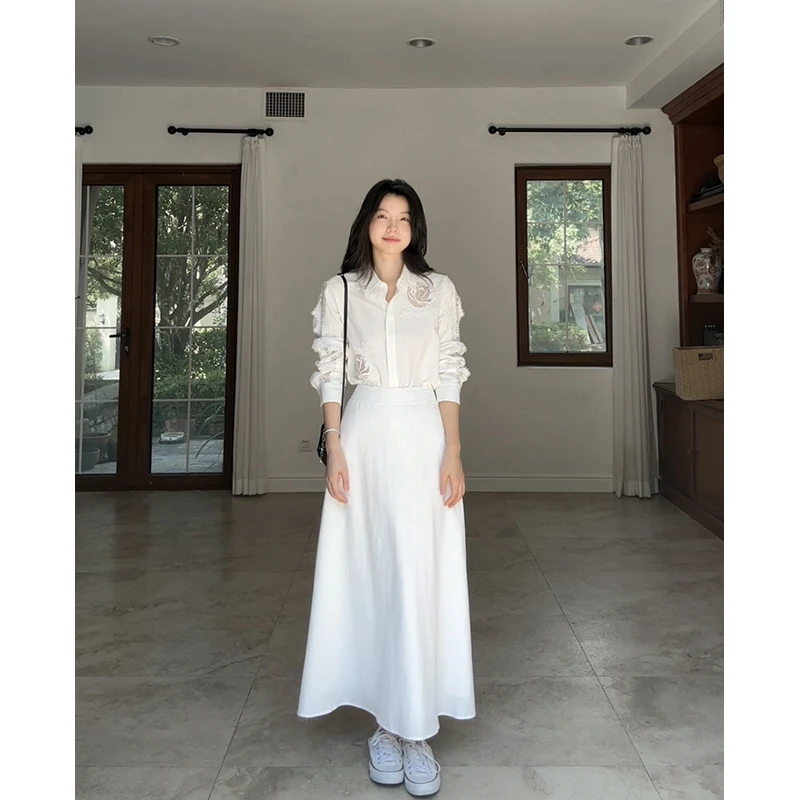 郭九九呢 亚麻天丝棉花朵蕾丝拼接衬衫简约半身裙 G925A13146