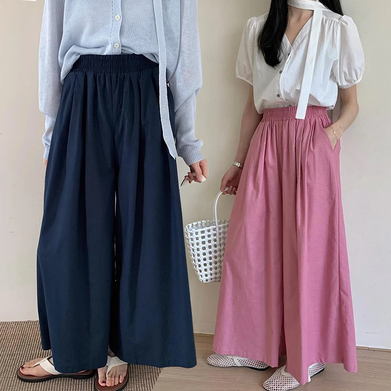 慵懒风夏季松紧高腰压褶裙裤女薄款小个子宽松百搭休闲裤九分裤