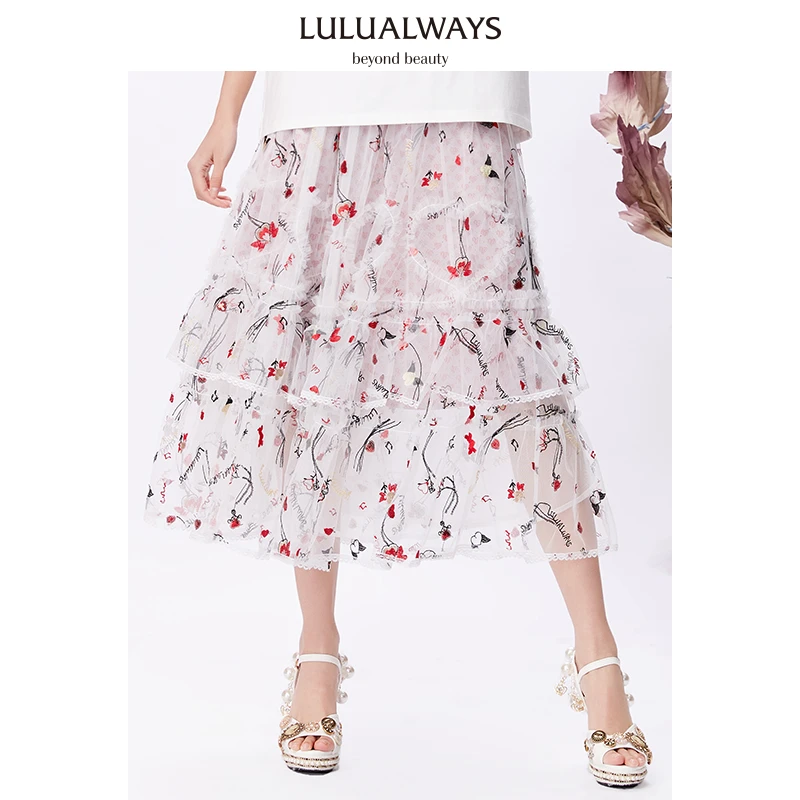 【小呆鸟专属】LULUALWAYS春季拼接绣花网纱长半裙LNA4059