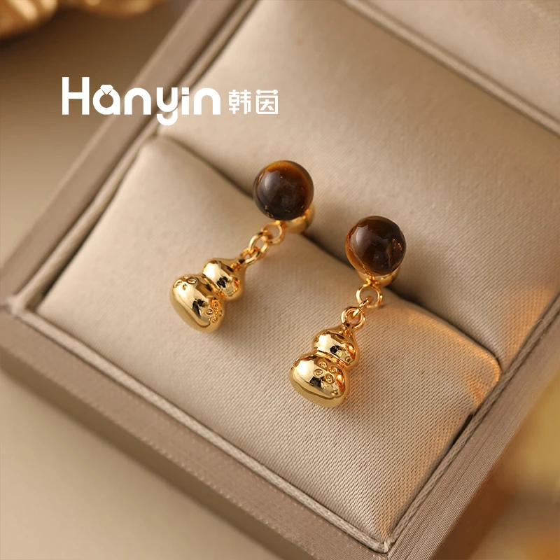 925银针6mm木变石虎眼石流苏光面葫芦两戴耳钉