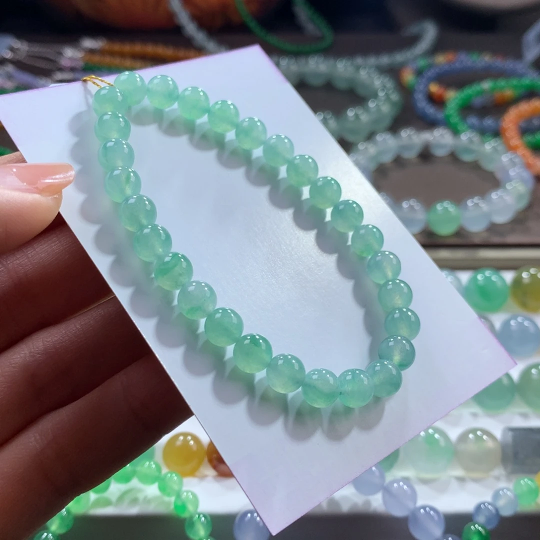 翡翠未镶嵌手链！木那冰胶薄荷绿飘花卡6.5