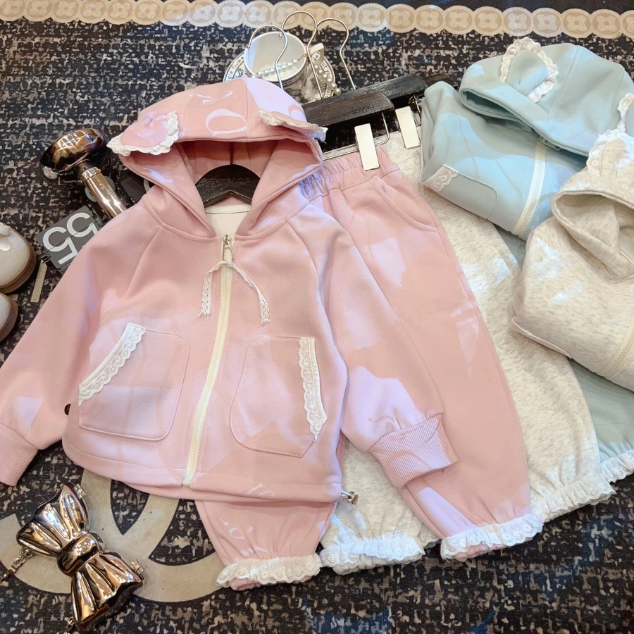 HHkids2025韩版新款蕾丝连帽耳朵韩版小众卫衣女童春季套装DTZ202