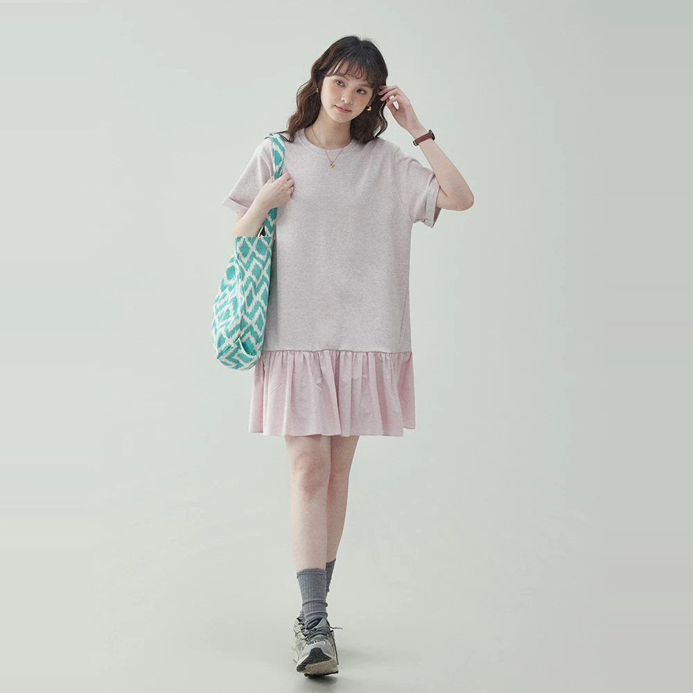 「北岛AMUU原创」粉色圆领拼接t恤连衣裙女夏季新款减龄宽松短裙