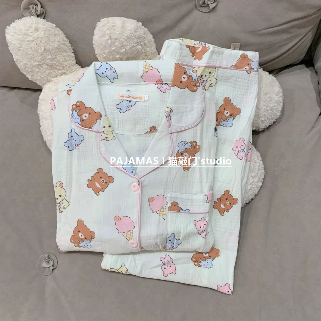 春秋季睡衣女甜品小熊婴儿棉纱布纯棉长袖学生吸汗宽松外穿家居服