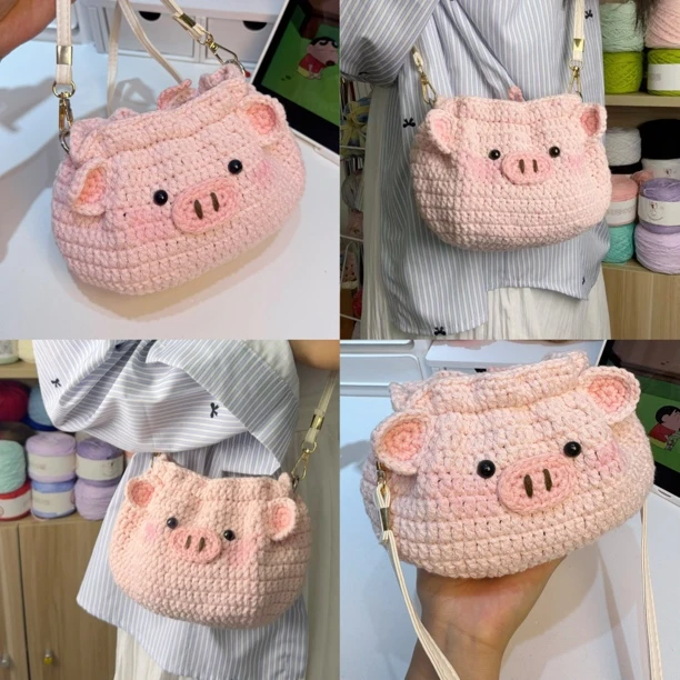 溺水小苑自制手工钩针编织圆股纱版本可爱猪猪斜挎包diy材料包