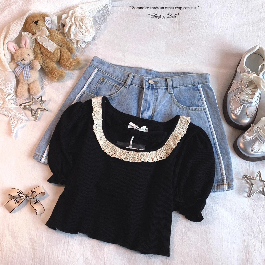 复古蕾丝黑T奶油杏色蓬蓬裙套装