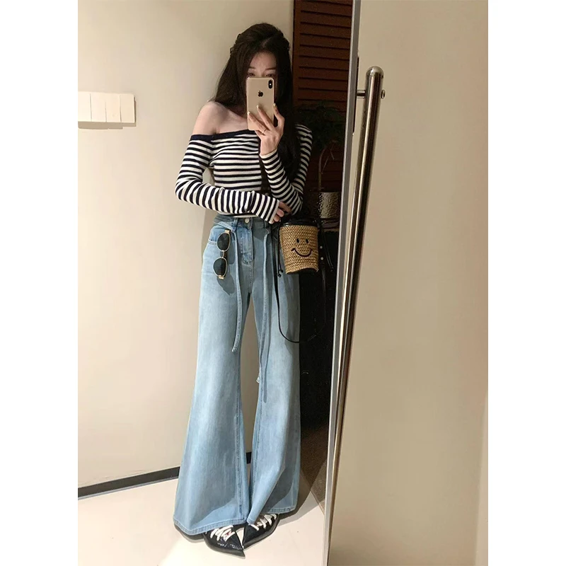 纯欲风性感条纹斜肩长袖上衣女2025秋季新款高腰直筒牛仔长裤套装