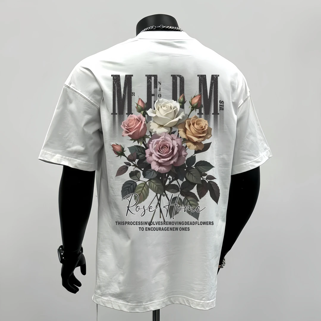 STA.MEDM联名夏季美式花朵玫瑰男生纯棉重磅t恤情侣装短袖上衣潮