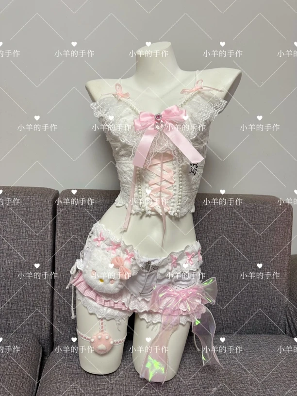 手作款夏季韩版可爱性感吊带辣妹日系甜美牛仔裤