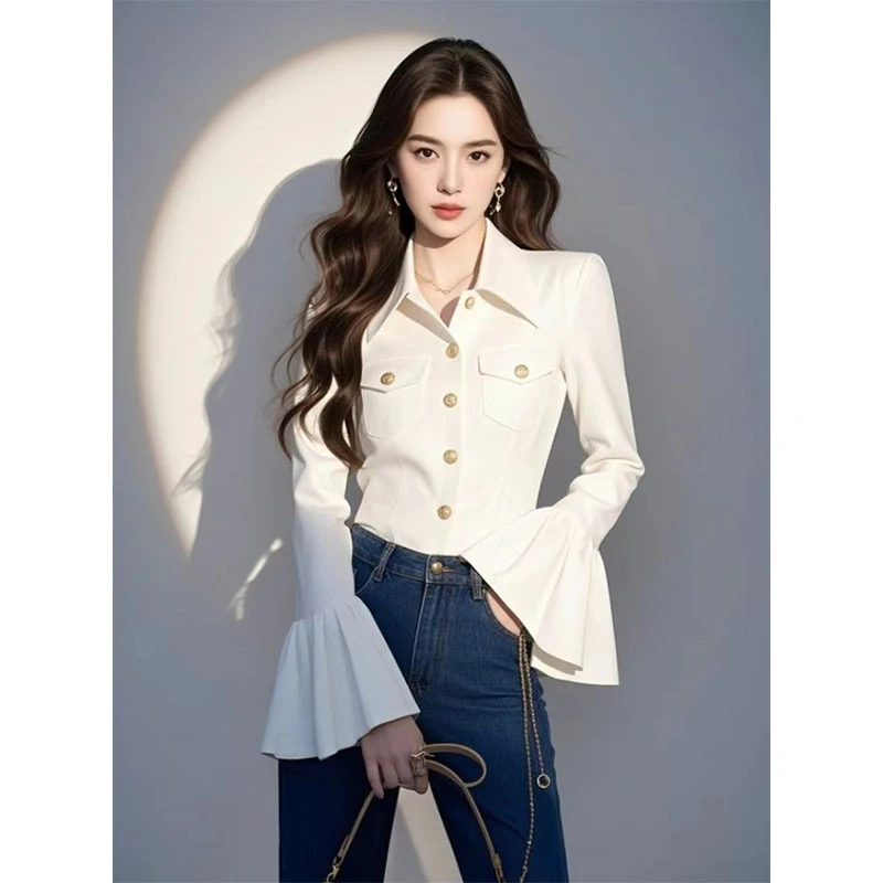 2025早春新款法式高级感喇叭袖白色衬衫别致衬衣上衣小衫时尚女装