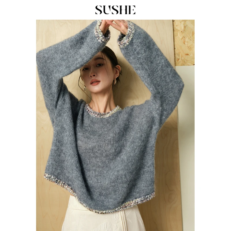 束皙SUSHE 琉璃璨境 撞色蝴蝶纱优雅圆领蓬松柔软针织套头毛衣女