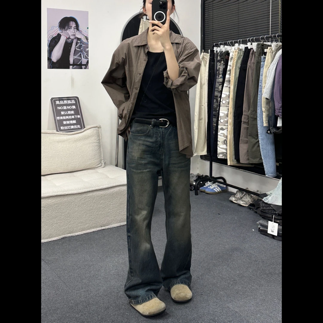BEIDUO脏脏DC+复古蓝微喇水洗牛仔裤