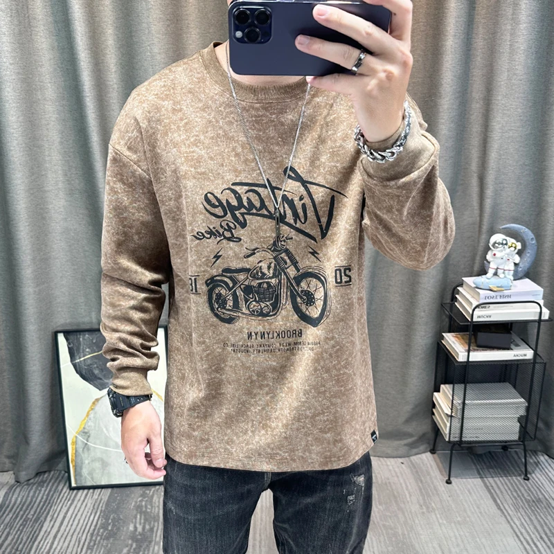 长袖t恤衫男美式复古卡通印花水洗扎染重磅圆领打底卫衣套头内搭