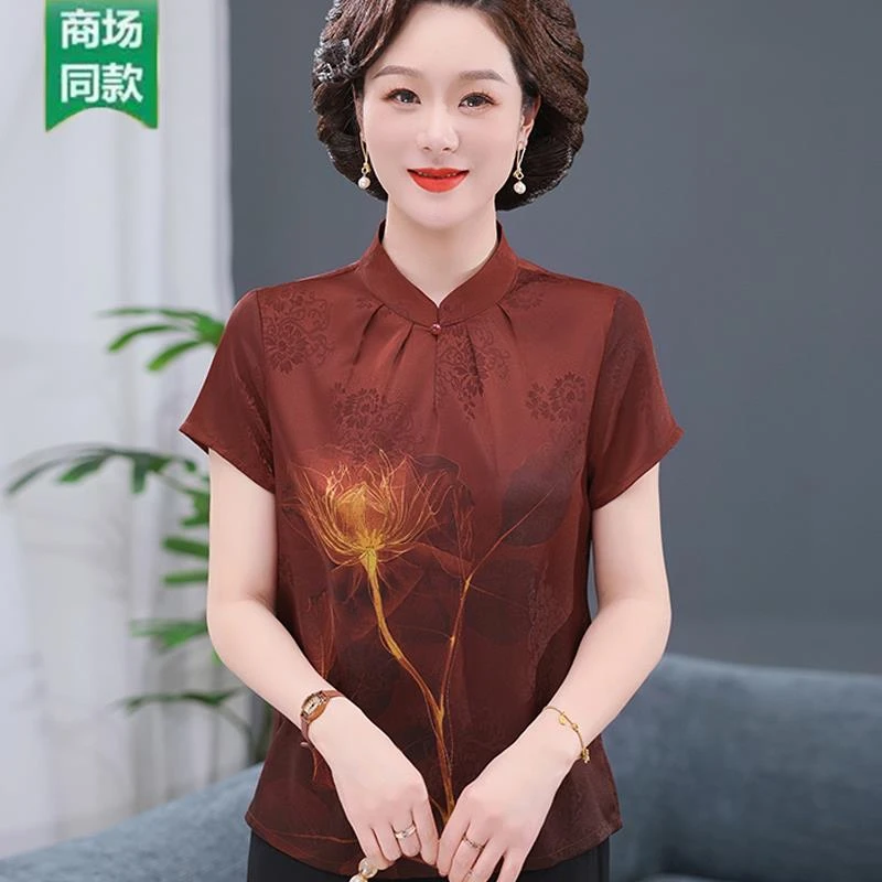 俞兆林品牌2025新款妈妈洋气仿真丝上衣服中老年女夏季短袖仿桑蚕