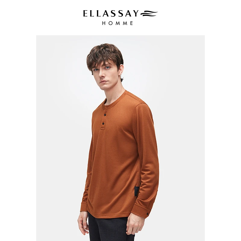 ELLASSAY歌力思男装25秋冬新款羊毛天丝棉混纺长袖亨利领T恤男款