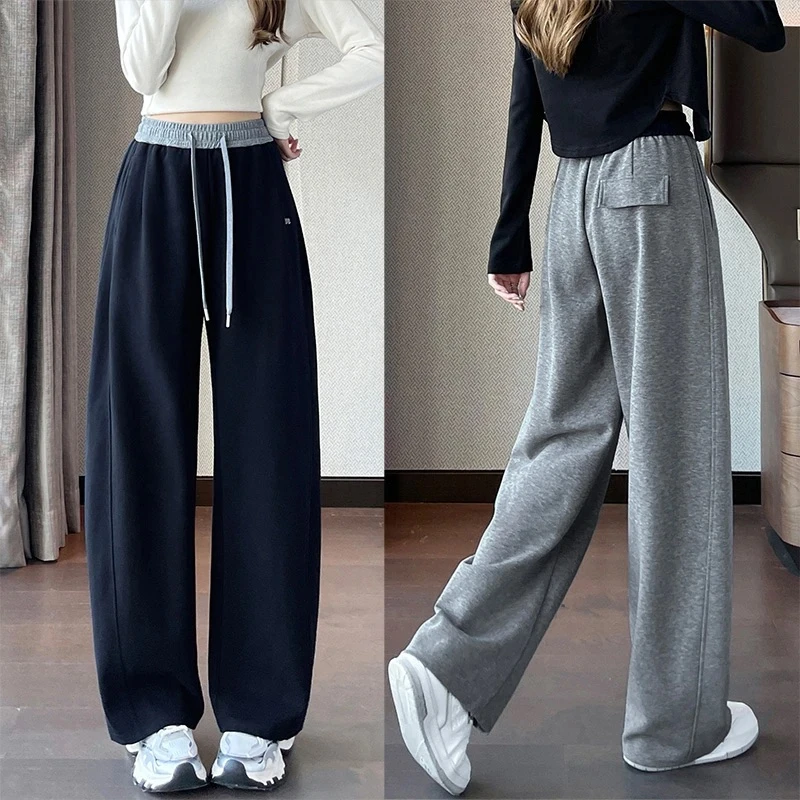 弯刀阔腿裤女秋冬加绒高腰直筒香蕉裤小个子九分灰色运动休闲卫裤