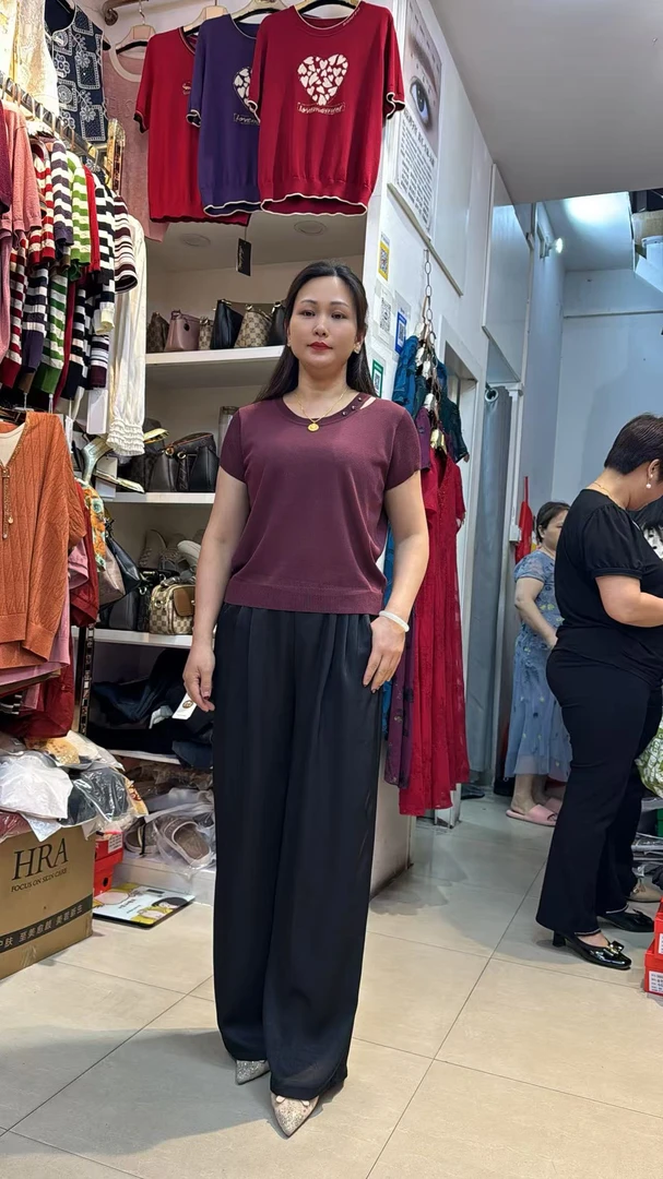 毛针织衫百搭圆领夏季烫钻短袖薄款舒适女休闲红色
