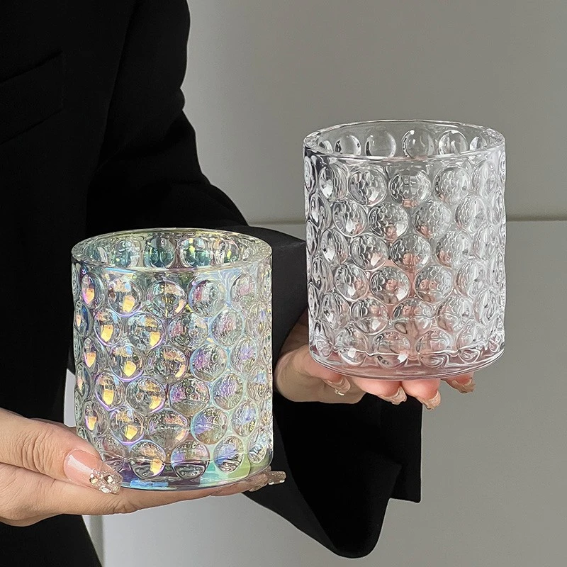 限定*ins密集鱼目纹玻璃水杯复古小众炫彩咖啡杯威士忌啤酒杯